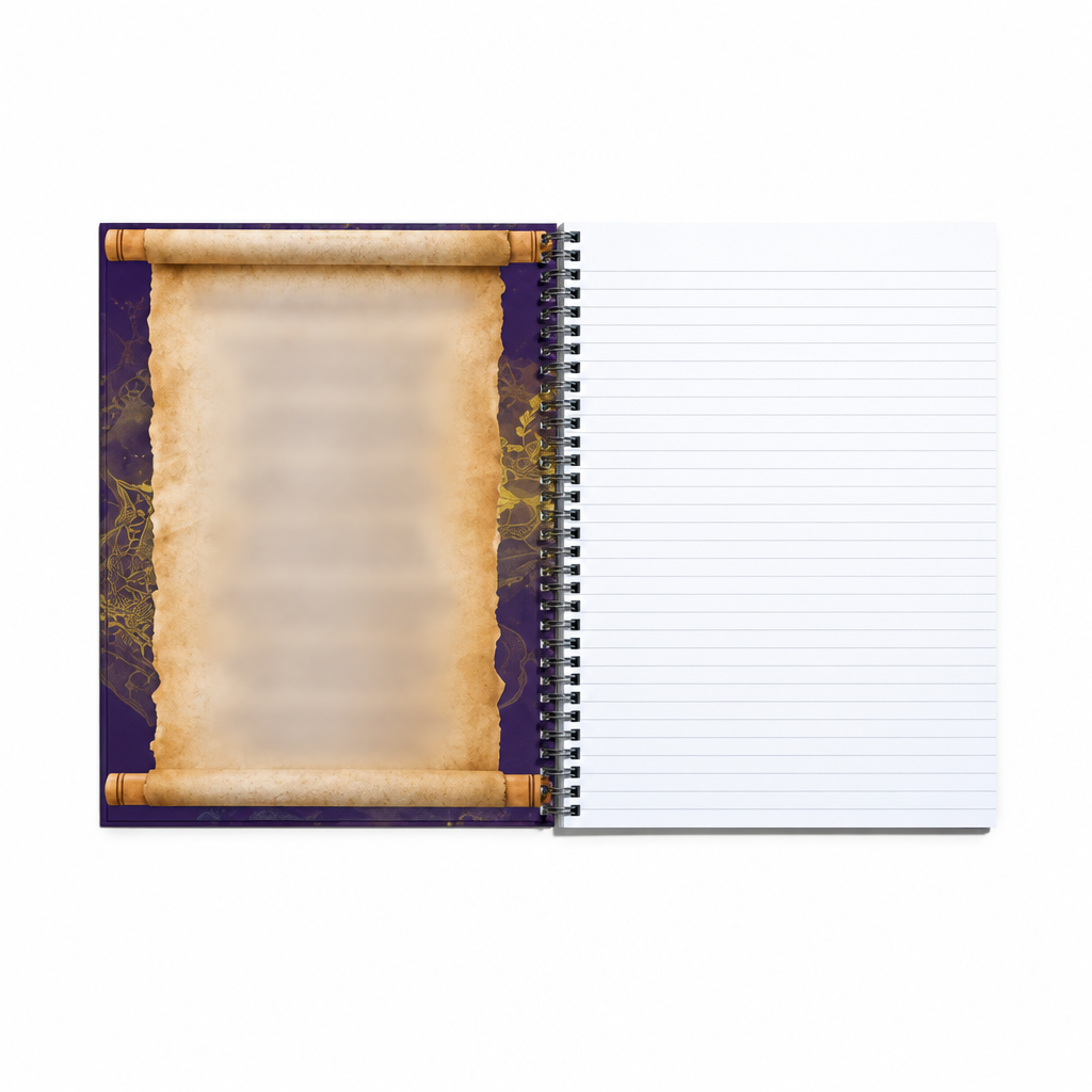 Journal interior showing scroll artwork with poem text blurred for this preview and a lined writing page
